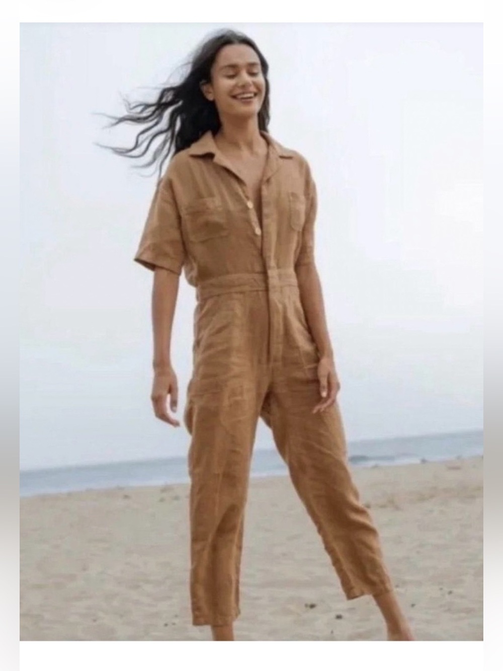 MATE the label Linen Utility Jumpsuit in light khaki/tan